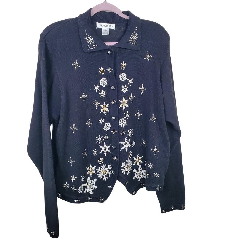 VTG 90s ARRIVISTE | Embroidered Snowflakes | Black | Cardigan | Size Large